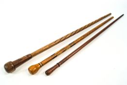 Three hardwood heavy walking canes,