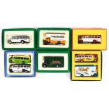 Two Corgi removal lorries, boxed together with two Corgi boxed busses,