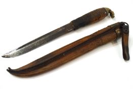 A horse head sheath knife, in leather sheath,