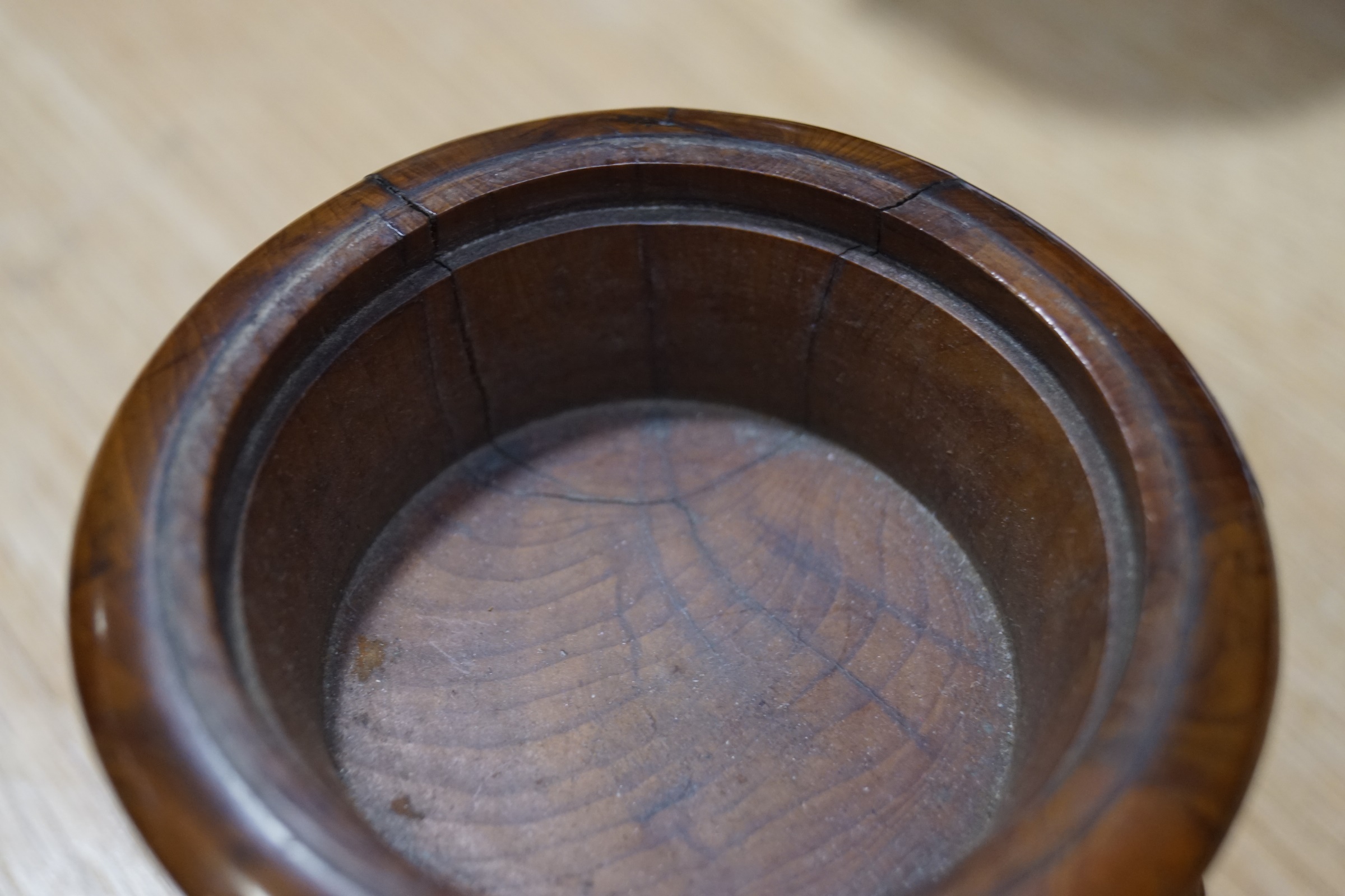 A pair of 19th century turned yew urns and covers, on square plinth bases, 13cm high, - Image 3 of 6