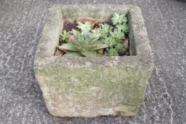 A square stone planter with succulants,