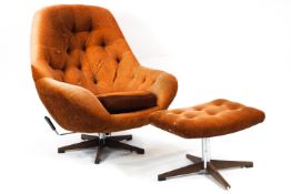 A mid century swivel chair and a footstool,