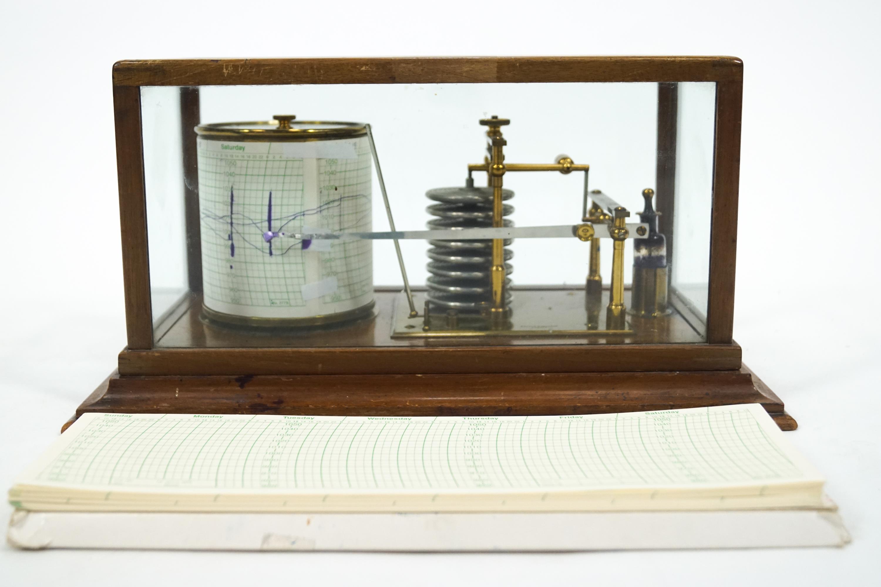 A mahogany and glass cased lacquered brass Barograph, marked Short and Mason Ltd, London,