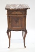 A French style carved pot cupboard with marble top, on slender cabriole legs, 88cm high, 41cm wide,