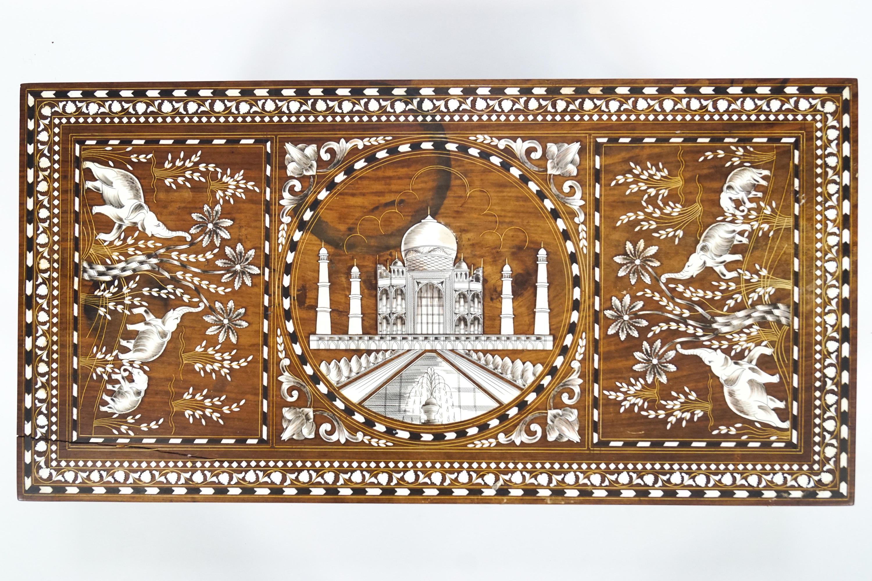 An Indian teak coffee table inlaid with camel bone and ebony with a central panel of the Taj Mahal - Image 4 of 4