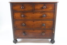 A Victorian mahogany chest of two short and three long drawers, 118cm high x 120.5cm wide x 54.