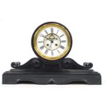 A Victorian black slate mantel clock, the white enamel dial with visible anchor escapement,