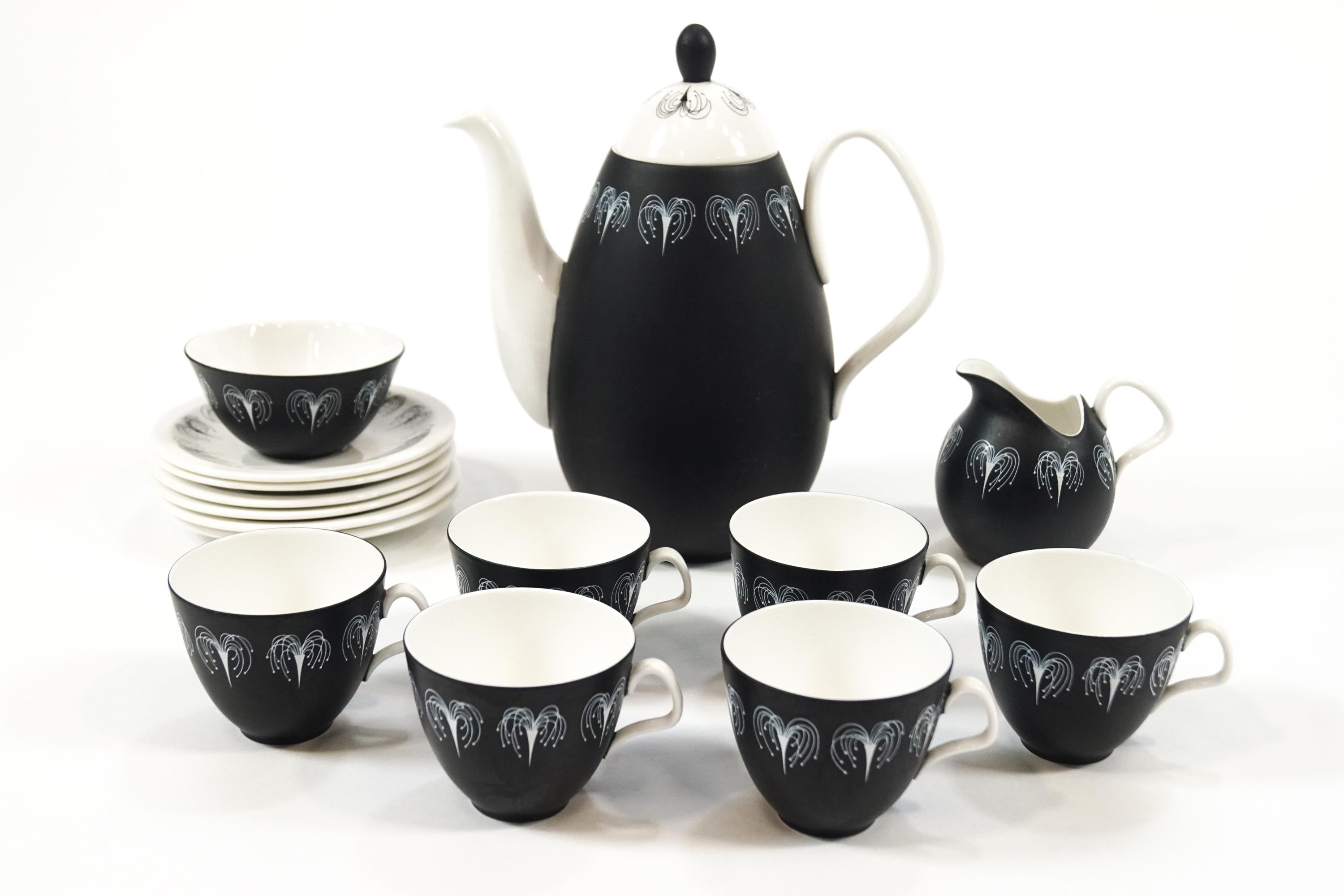A Foley china 'Domino' six piece coffee set, designed by Hazel Thumpston, comprising a coffee pot,