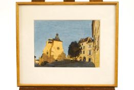 John Newbury RWS St James, Bergera, watercolour, Duncan Campbell fine art label verso,