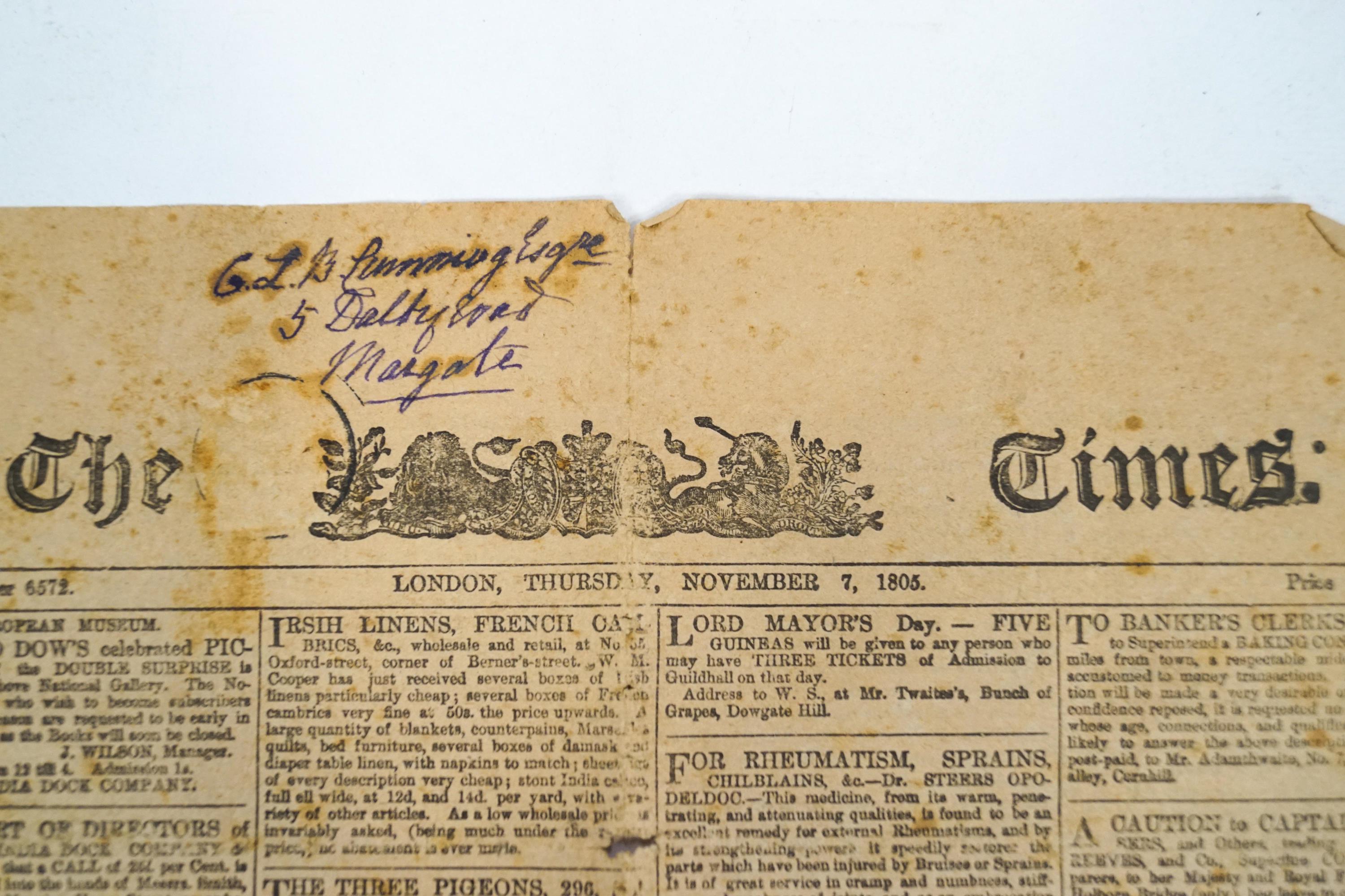 A copy of The Times newspaper, reporting on the death of Nelson in 1805, - Image 2 of 2