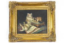 European school cats playing, oil on canvas initialled F.M.