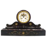 A Victorian slate and marble cased mantel clock, the enamel dial with visible anchor escapement,
