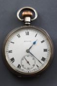 An open face pocket watch by State. Circular white dial with roman numerals.