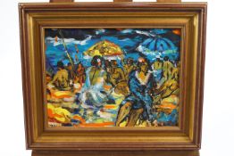 J Abella, Figures on the beach, oil on board, signed lower left,