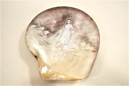 A carved shell, Fisherwoman in a seascape, signed bottom right, Boulogne Ymes,