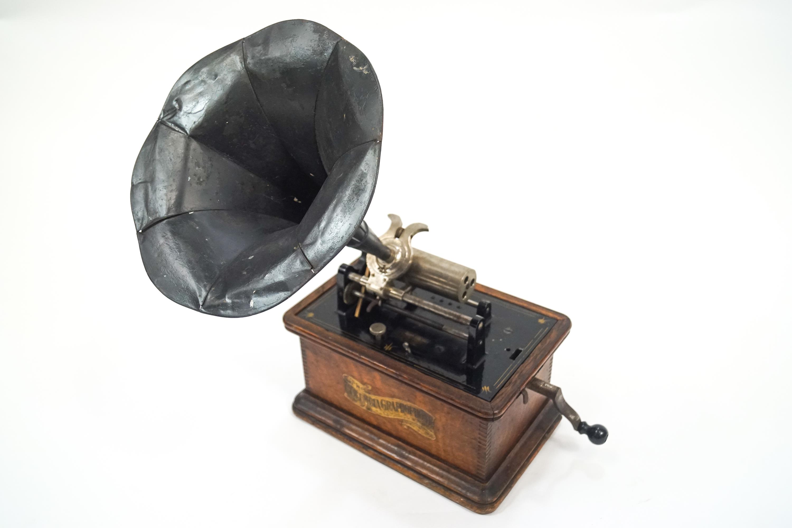 An oak cased Columbia Cylinder gramophone, patented May the 4th 1886,