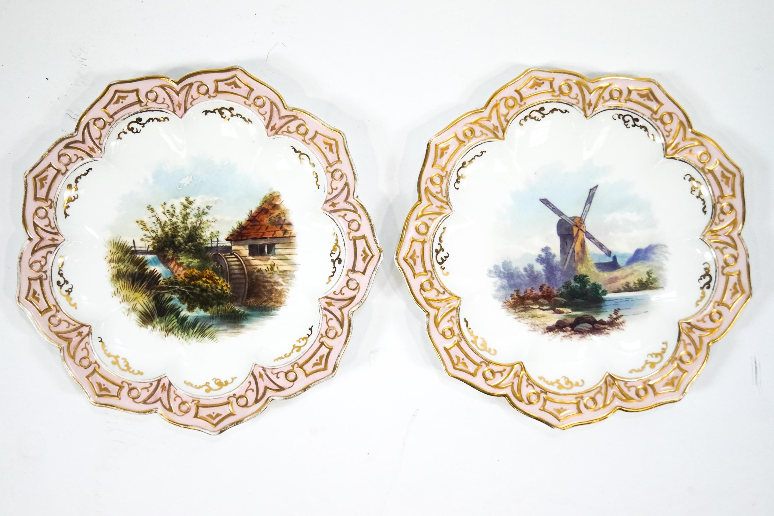 A pair of Victorian Davenport dessert plates, painted with The Windmill and Abingen Mill, - Image 2 of 2