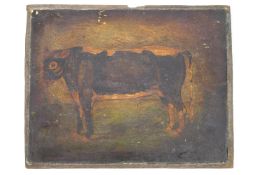 English Primitive School, Cow in a landscape, oil on panel, 35cm x 41cm,