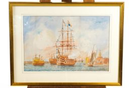 A pair of watercolours by W E Atkins, of British frigates,