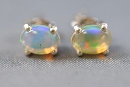 A white metal pair of single stone stud earrings, each set with an oval cabochon cut Ethiopian opal.