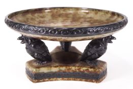 A late 19th century pottery shallow bowl, supported by three birds on waisted triangular base,