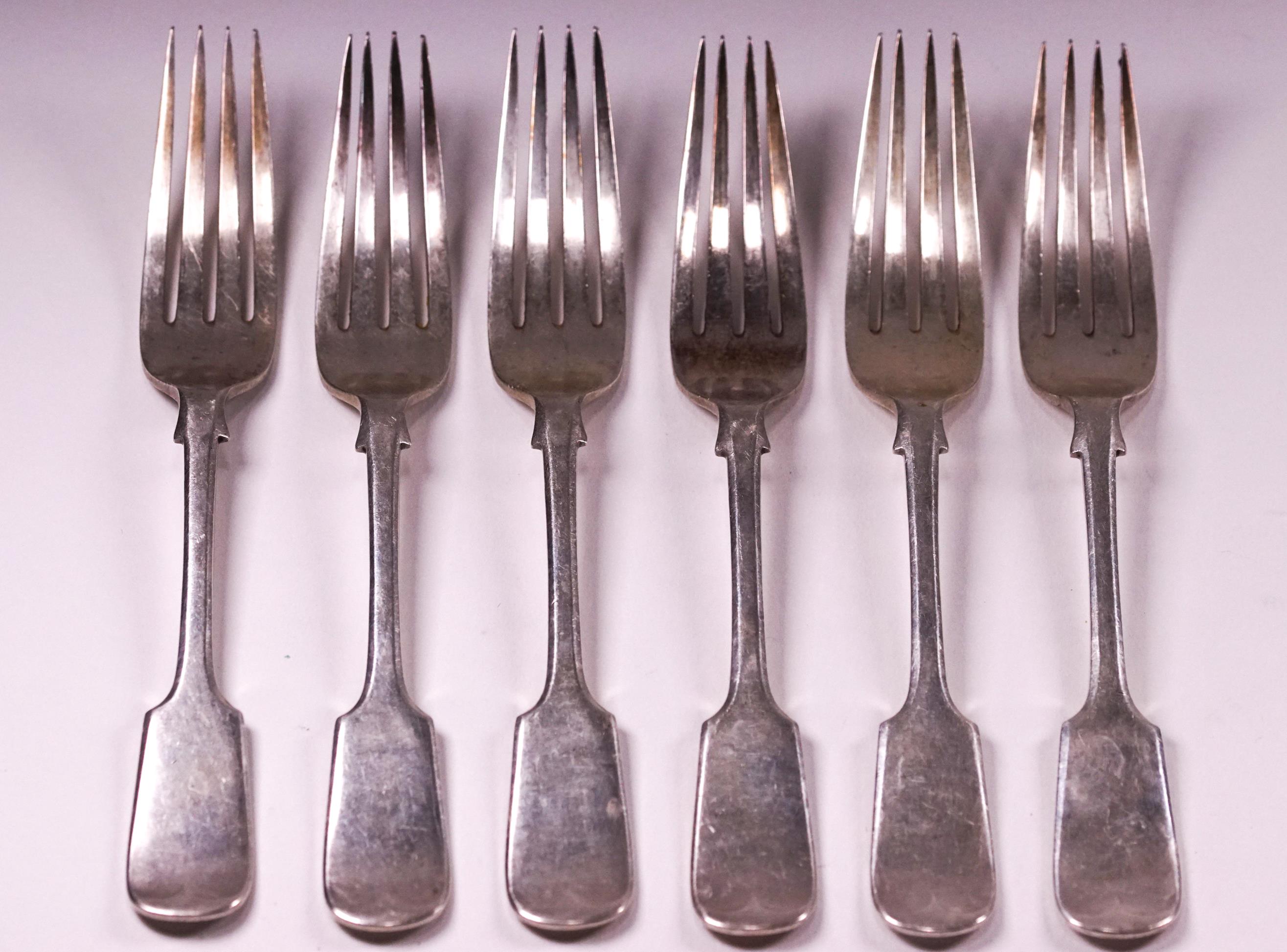 A group of fiddle pattern flatware, comprising six table forks and dessert spoons by Walker & Hall, - Image 2 of 3