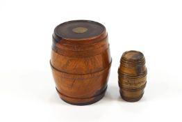 Two treen barrels, one in olivewood with a Hebreaic inscription,