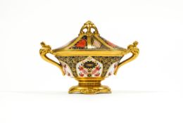 A Royal Crown Derby gold Japanese Old Imari 1128 navette covered two handled urn,