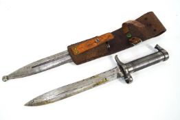 An 1896 model Swedish bayonet and scabbard in a leather holder,