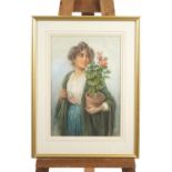 Vittorio Tessari, Girl with Geranium, watercolour, signed lower left,