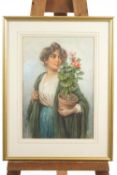 Vittorio Tessari, Girl with Geranium, watercolour, signed lower left,