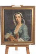 A 19th century portrait of a lady in 18th century style dress, oil on canvas, in a gilt frame,