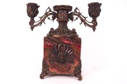 A Regency style bronzed metal and marble two branch candelabrum, the top with two branches,