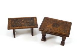 Two carved oak foot stools, one with chip carved floral top on trestle ends,