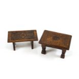 Two carved oak foot stools, one with chip carved floral top on trestle ends,