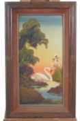 A pair of verre eglomise and over painted glass panels depicting swans on a lake,