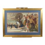 A Victorian chromolithograph of Nelson leaving the harbour, the Victory beyond,