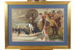 A Victorian chromolithograph of Nelson leaving the harbour, the Victory beyond,