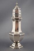 A silver octagonal baluster sugar caster with pierced pull off lid,