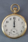 A yellow metal open face pocket watch.