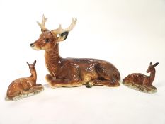 A pair of Beswick china 721 fallow deer does, 13cm high and a large model of a recumbent stag,