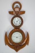 An oak cased barometer with timepiece above, the oak case curved in the form of an anchor,