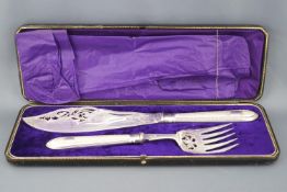 A cased plated set of fish servers with pierced and engraved blades on engine turned bead edge