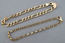 A yellow metal Figaro bracelet together with a yellow metal belcher link bracelet.