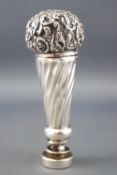 A parasol handle style silver desk seal with plain round matrix engraved a name,