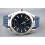 A stainless steel Omega Seamaster Aqua Terra watch.