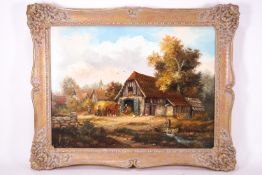 A E Paetz Kalich, (German), A barn and a farmyard scene, oil on board, signed lower left,