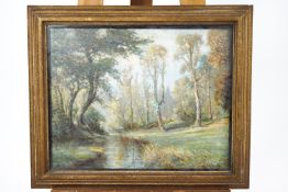 E H Ehlers, Bristol Savages, River landscape, oil on board, signed lower right,