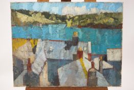 Donaldson (?), An Estuary scene with roofs in the foreground, Impasto oil on canvas,