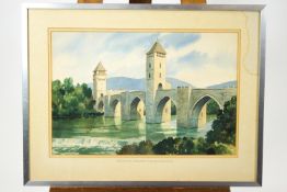 David N Reed, Bristol Savages, Medieval Bridge, Cahors, France, watercolour,